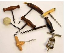 Box containing mixed vintage corkscrews, three with turned treen handles, two with horn handles, a