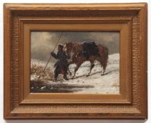 Charles Ferdinand De La Roche, oil on panel, signed lower left, Winter landscape with horse and