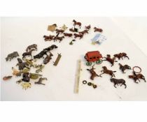 Three boxes of mixed play worn figures to include a cart and horses, farm animals etc (3)