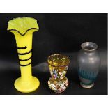 Good quality green painted Continental vase together with a further yellow spill vase with flared