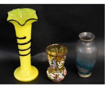 Good quality green painted Continental vase together with a further yellow spill vase with flared