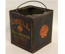 Vintage Shell cup grease tin of square form with swing handle (lacking lid), with Shell logo and