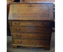 19th century oak chequer inlaid and banded drop fronted bureau with fitted interior over four full