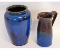 Denby blue glazed vase together with a further Denby two-tone jug with a blue base and a rust top,