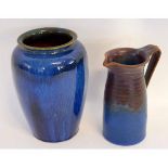 Denby blue glazed vase together with a further Denby two-tone jug with a blue base and a rust top,