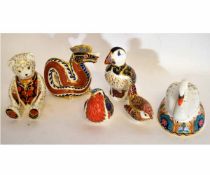 Group of six Royal Crown Derby paperweights to include a model of a swan, a seated teddy bear, a