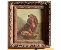 19th century English School oil on board, Spaniel and pheasant, 28 x 22cms