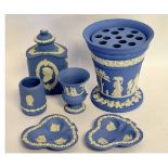 Group containing six Wedgwood blue jasper wares to include two clover formed dishes, a small urn,