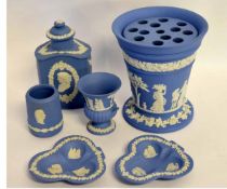 Group containing six Wedgwood blue jasper wares to include two clover formed dishes, a small urn,