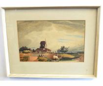 19th century English School, watercolour, Landscape with Mill and figures, 26 x 40cms