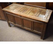 17th century oak six-plank coffer with four panelled front, 137cms wide x 54cms deep x 71cms high