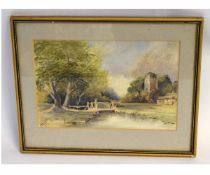 Henry Pilleau, monogrammed and dated 88 watercolour, Country scene with church and river, 18 x 28cms