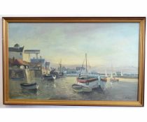 John Tuck, signed oil on board, View of Wells, 45 x 75cms