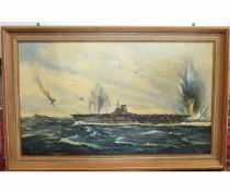 Arthur A Pank, signed oil on board, HMS Ark Royal under attack, 70 x 115cms