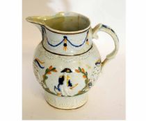 Late 18th century Pratt ware jug, modelled with Naval figures, in typical fashion, 13cms high