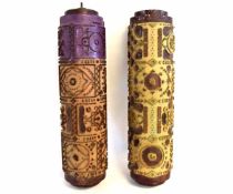 Two Eastern hardwood barrel formed printing cylinders, each 60cms wide