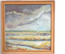 Margaret Haughton, signed oil on board, "Beach near Holme, February", 59 x 59cms