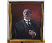 J Metcalf, signed and dated '74, oil on canvas, Half-length portrait of a gent holding a book, 73