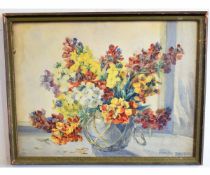 Marian Broom, signed watercolour, Still Life study of mixed flowers in a vase, 40 x 52cms