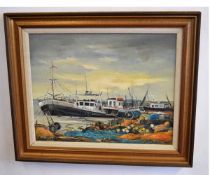 AR Shirley Carnt, oil on canvas, signed lower left, Fishing boats, 39 x 49cms