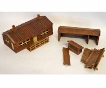 Pine built miniature log cabin with hinged lid, together with garaging and stock fencing