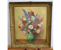 H Todd, signed oil on canvas, Still Life study of mixed flowers in a jug, 60 x 50cms