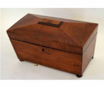 Georgian mahogany sarcophagus formed tea caddy with enclosed two compartments and central associated