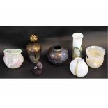 Seven miniature items of Isle of Wight glass, comprising bulbous vase, a bird paperweight