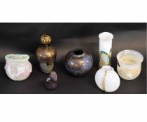 Seven miniature items of Isle of Wight glass, comprising bulbous vase, a bird paperweight