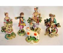 Group of five late 18th/early 19th century Derby figures to include a flautist and a lady playing