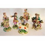 Group of five late 18th/early 19th century Derby figures to include a flautist and a lady playing