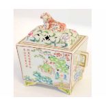 Chinese polychrome two-handled box and cover, decorated with Chinese family scenes, the cover with a