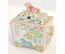 Chinese polychrome two-handled box and cover, decorated with Chinese family scenes, the cover with a