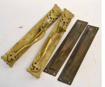 Pair of 19th century brass heavy duty door latches, together with two further bronze door handles (2