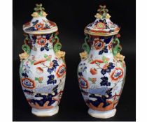 Pair of Mason's Ironstone vases decorated in rust, blue and green floral design in fence pattern,