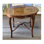 Reproduction mahogany circular dining table with inlaid central panel, gadrooned edge and raised