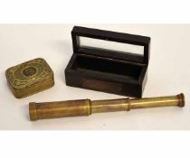Victorian brass pill box or snuff box, with central bronze portrait with engine turned detail,