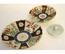 Worcester blue ground dish with Kakiemon style panels together with a further dish and a Worcester