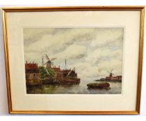 Jan van Couver, signed watercolour, Dutch harbour scene with windmills, 36 x 51cms