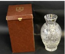 Good quality Edinburgh Crystal cut glass bulbous vase with an etched unicorn decoration, together