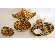 Royal Crown Derby miniature tea set, pattern number 1128, comprising tea pot, cream jug, sugar basin