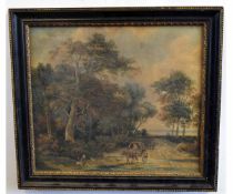 Early 19th century English School watercolour, Woodland landscape with figures and horse and cart,