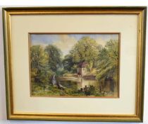 Edmund Morrison Wimperis, initialled watercolour, Children fishing by a Mill, 22 x 30cms