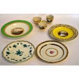 Collection of Derby topographical views including a large plate, tea bowl with puce decoration to