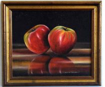 Pamela Dickerson, signed pair of oils on board, Still Life studies of apples, 25 x 29cms (2)