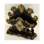 Good quality lacquered, painted and mother of pearl inlaid letter rack with scrolling detail, raised