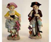 Pair of Continental figures of a lady cutting roses and a further young boy with a spade in his