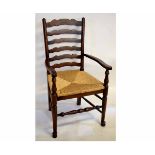 Set of eight late 20th century oak and ash formed Lancashire style armchairs with rush seat, with