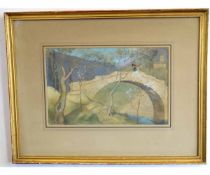 H Winstow, signed and dated 28, watercolour, Figure on a bridge, 22 x 34cms