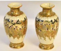 Pair of Japanese Satsuma vases decorated with Japanese warriors, 20cms high, signature block to base
